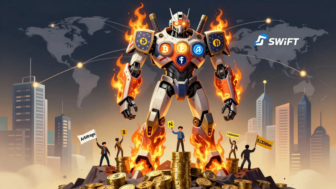 A giant mech made of regulation and crypto flames stands on trading volume, connected to global financial towers.