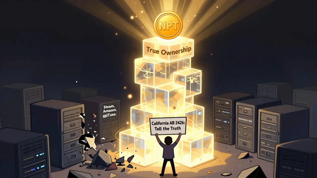 A glowing blockchain tower of true ownership rising above crumbling digital platforms, with a transparency sign in front.