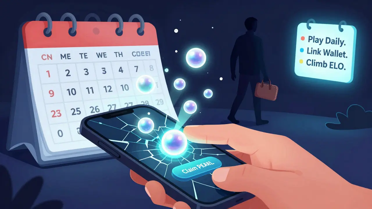 A hand clicking a 'Claim PEARL' button as tokens vanish, with a calendar flipping from October to November and a shadowy figure walking away.