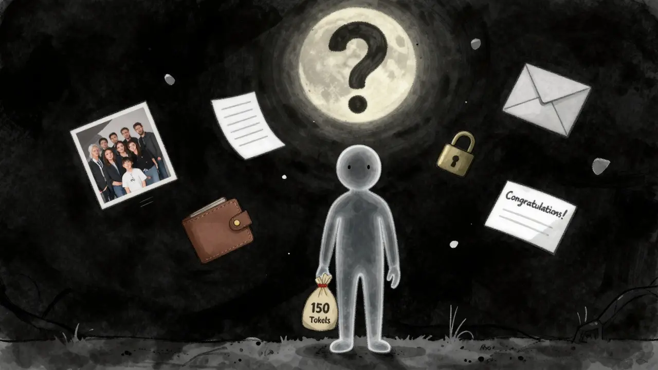 A hollow figure holds 150 VOW tokens, surrounded by missing team photos, blank documents, and a giant question mark.