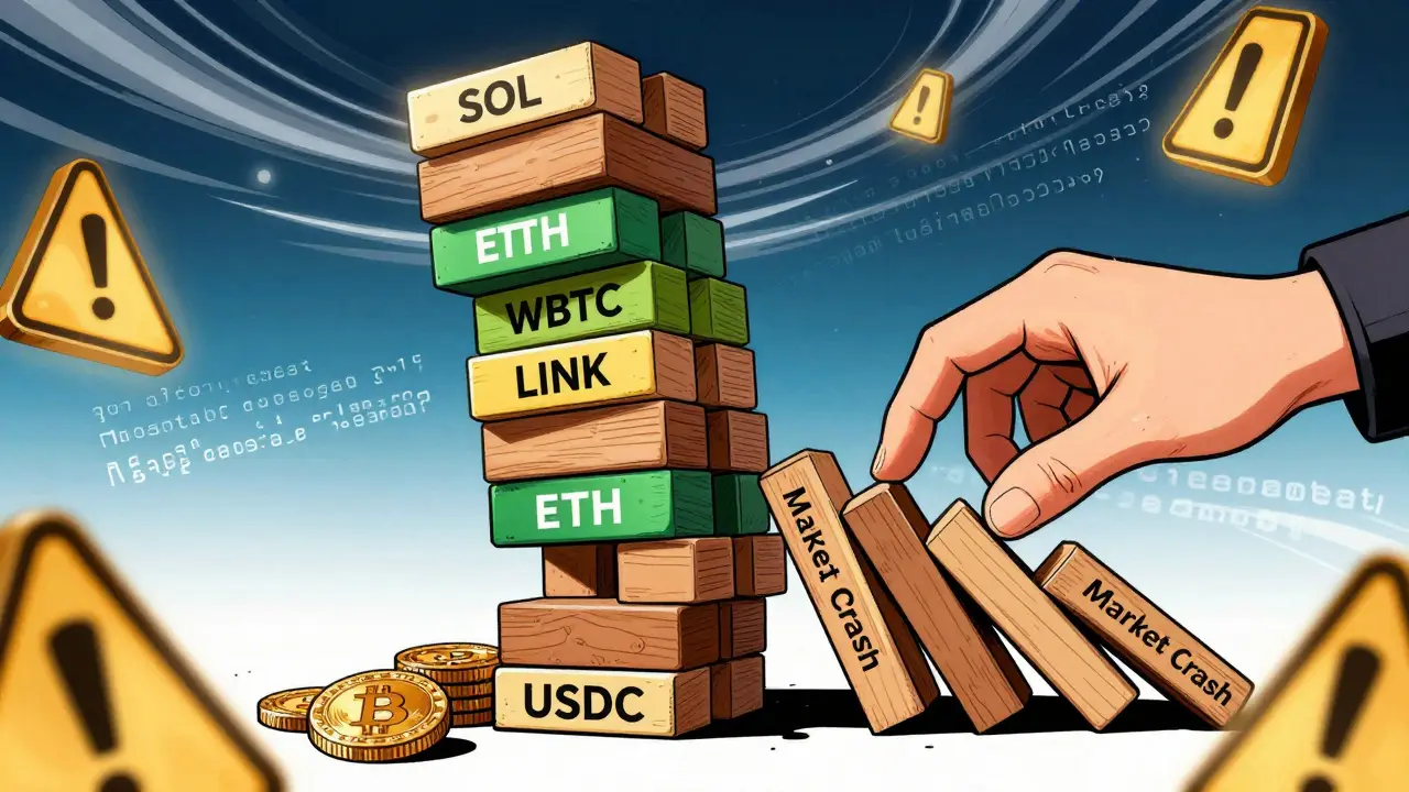 A Jenga tower of crypto tokens tilting as a market crash pulls a block, with warning signs and code swirling around.