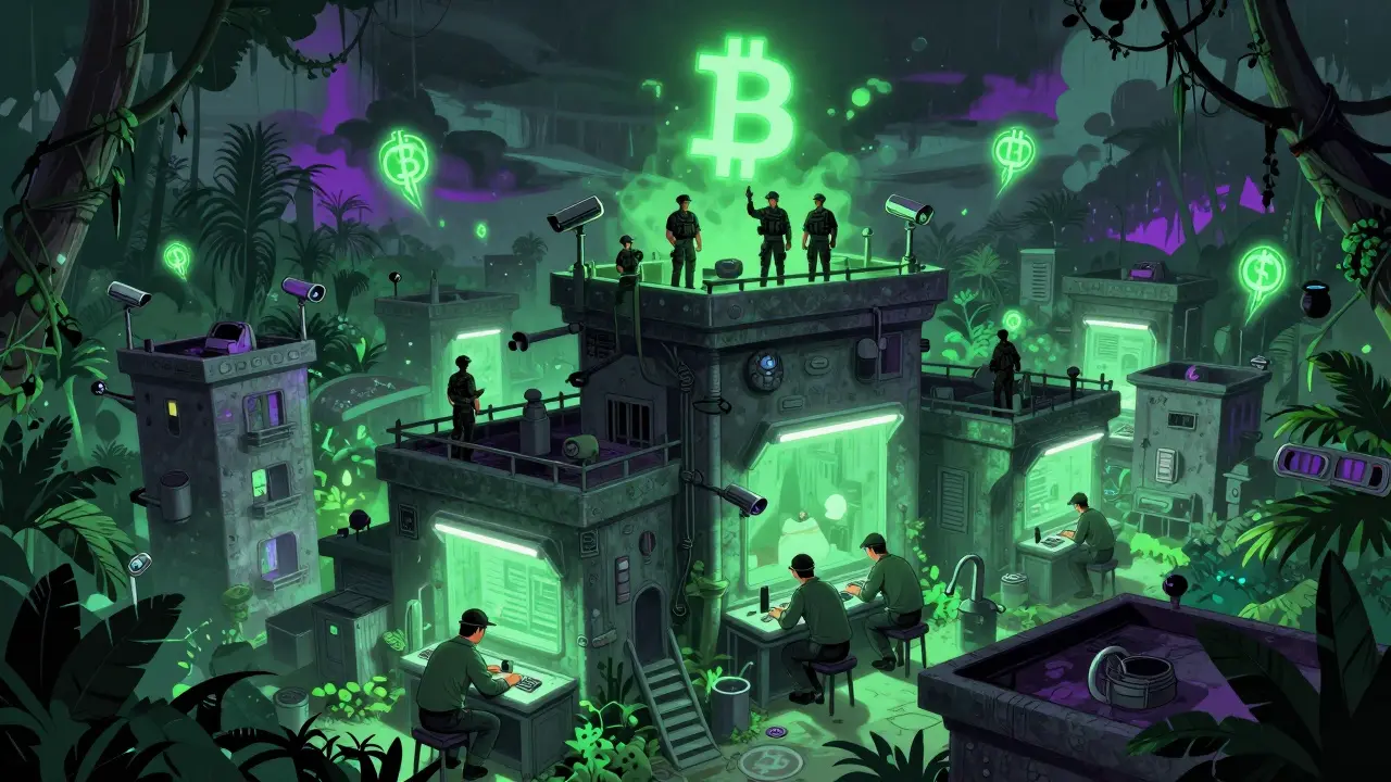 A massive criminal compound in Myanmar's jungle, with workers under surveillance and glowing cryptocurrency symbols hovering above.