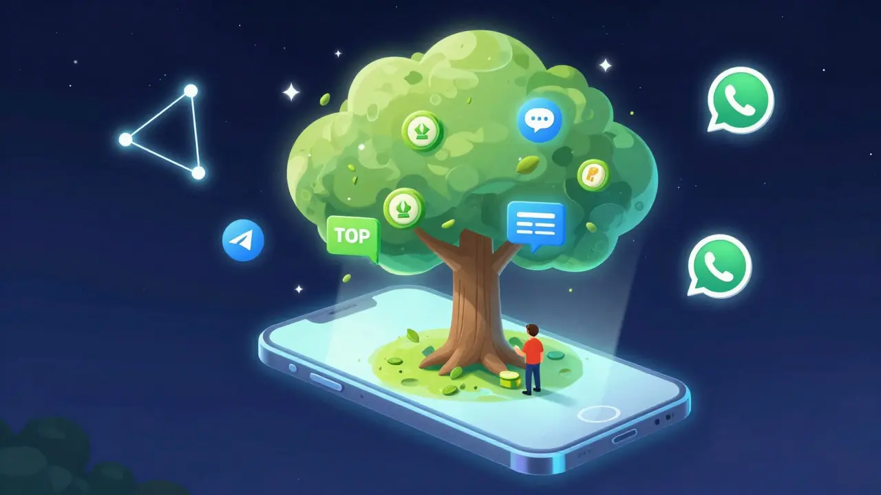A mobile phone with a growing tree of TOP tokens inside, symbolizing user-generated value in a cosmic digital world.