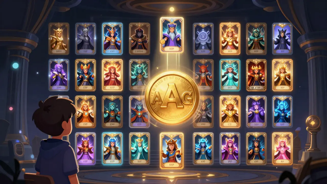 A mystical vault displaying limited-edition NFT gods with upgraded rarity levels and staking icons.