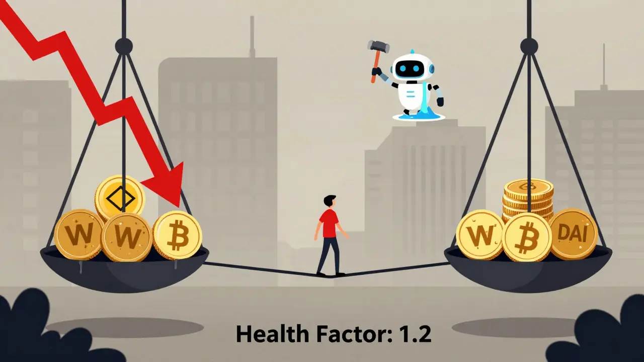 A person balancing on a tightrope between sinking volatile assets and stablecoins, with a liquidation robot nearby.