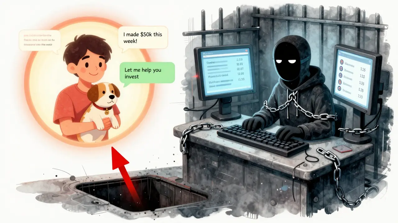 A romantic dating profile transforms into a prisoner chained to a keyboard in a surreal split-image scene.