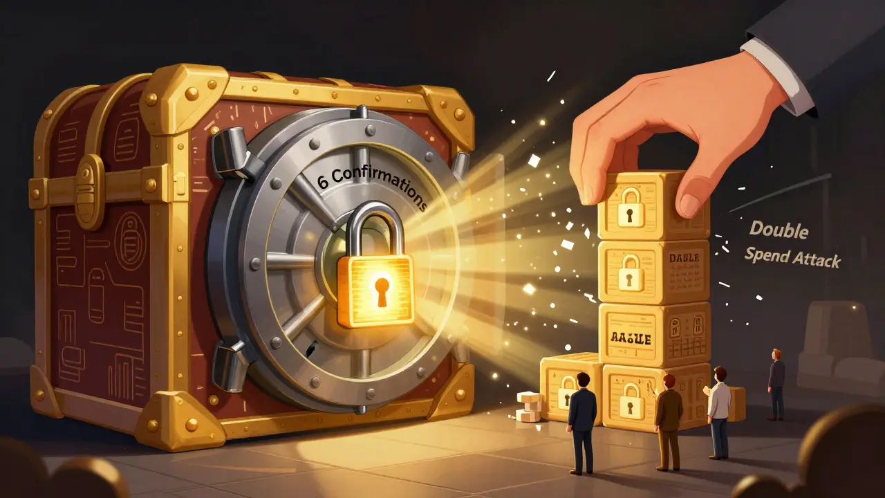 A secure vault labeled '6 Confirmations' glows with blockchain locks, while a failed double-spend attack shatters against it.