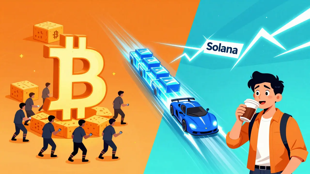 A split-screen showing slow Bitcoin blocks versus fast Solana blocks, with a user enjoying coffee as ETH confirms instantly.