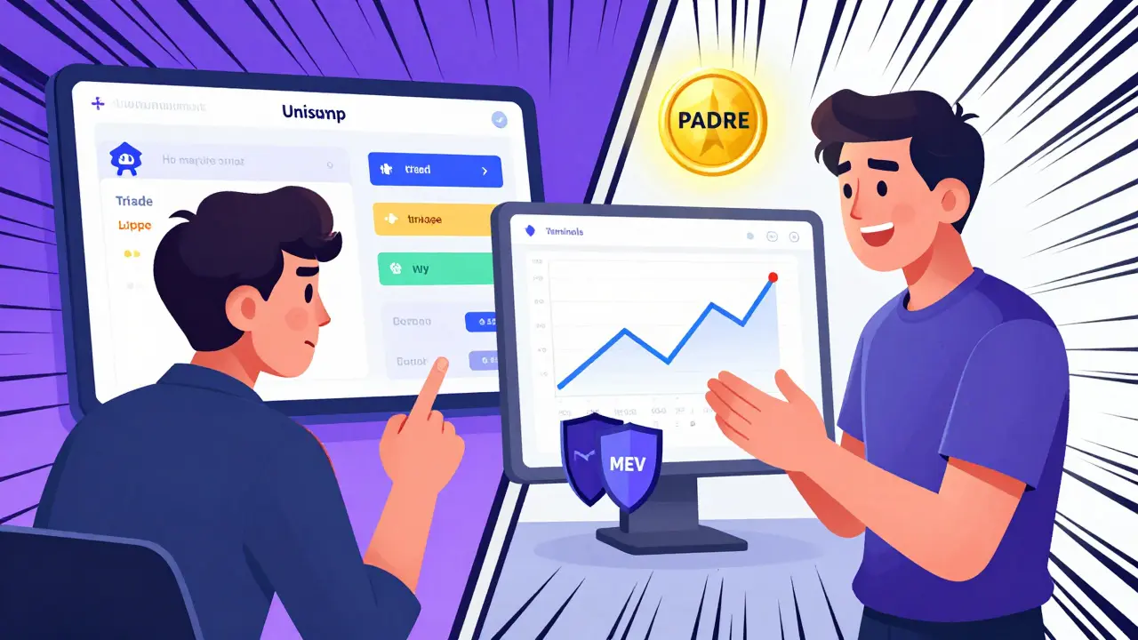 A trader comparing a chaotic DEX interface to a smooth Terminal platform with MEV protection shields.