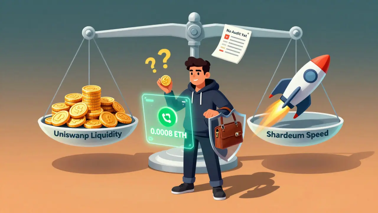A trader using W3Swap with low gas fees, comparing Uniswap liquidity to Shardeum speed on a holographic scale.