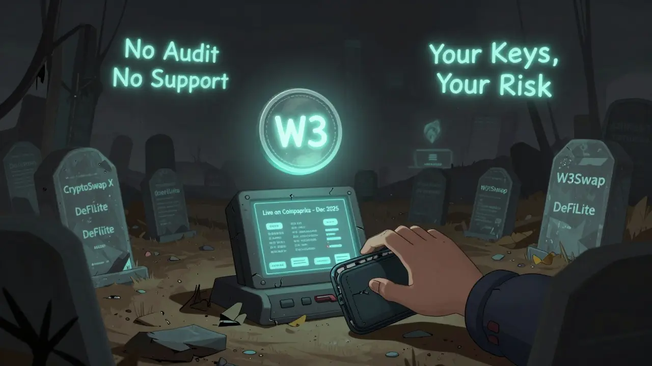 An abandoned digital graveyard with a flickering W3Swap tombstone and a hand reaching toward a new blockchain network.