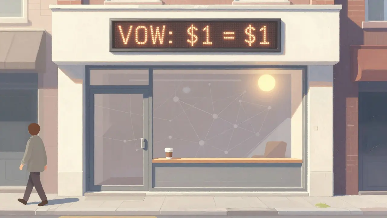 An empty coffee shop with a flickering VOW payment sign, no customers, and a hidden but disconnected blockchain reflection.