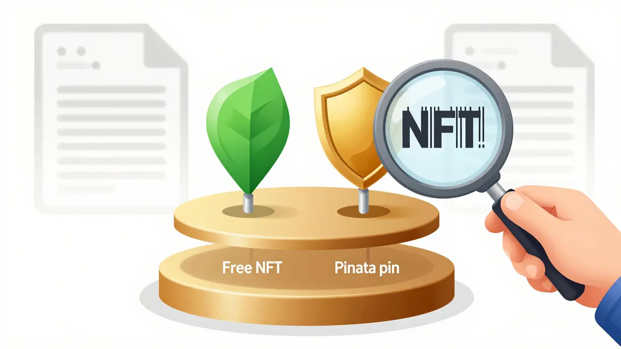 An NFT is secured by two pinning nodes—one free, one paid—while a third fades away, symbolizing data loss.