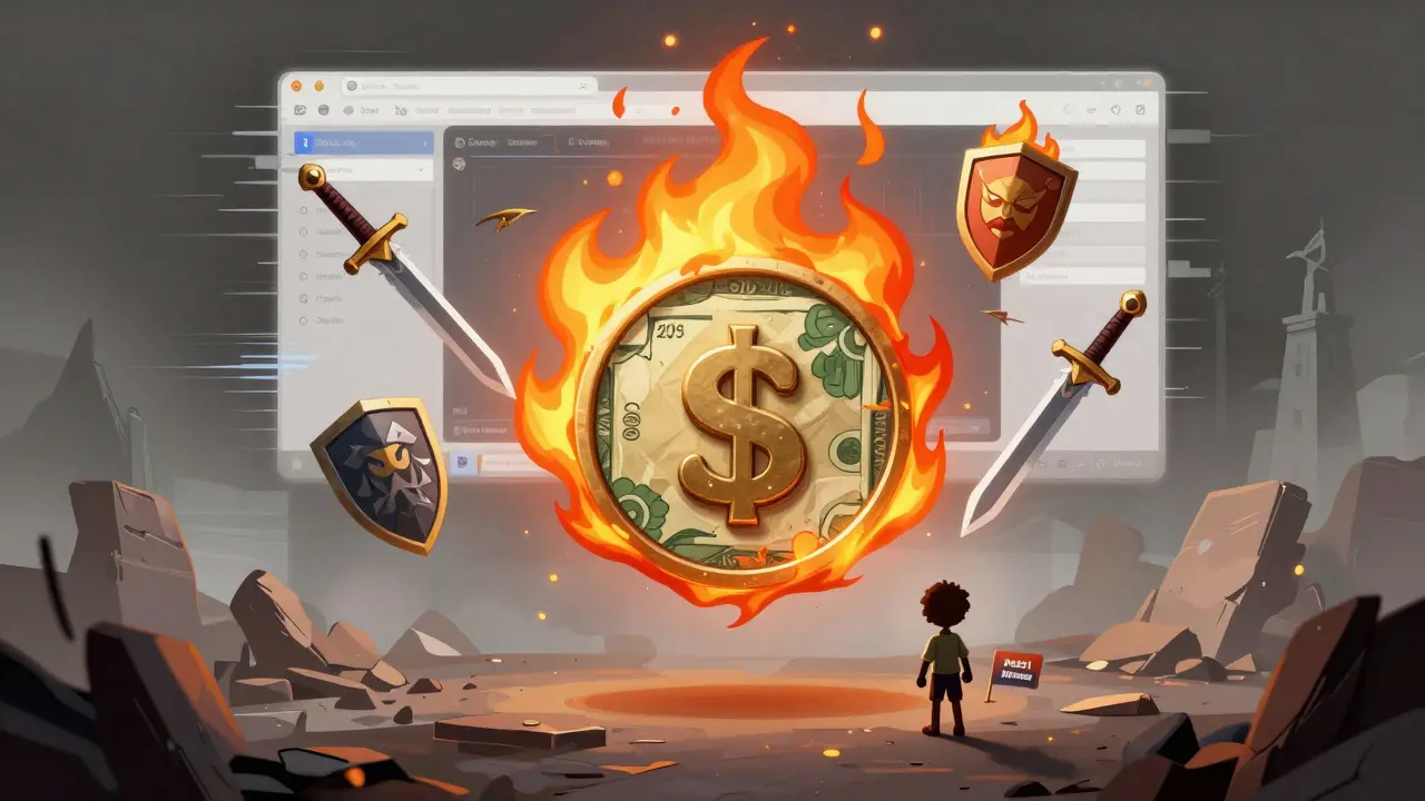 AOG token burning amid falling game items, while a lone player walks away from fading digital ruins.