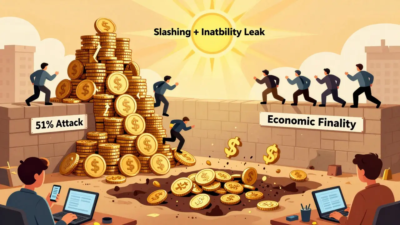 Attackers fall into a pit of disappearing money as an economic fortress of ETH and incentives shines above.