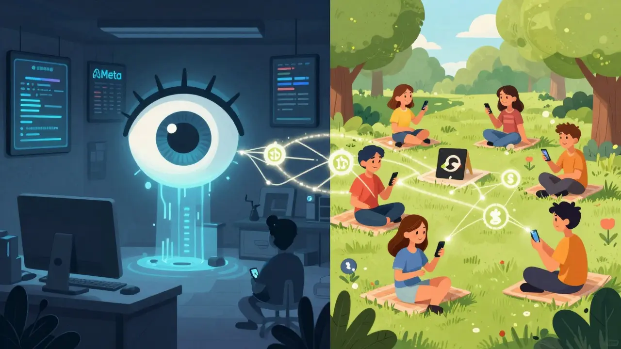 Contrast between corporate social media control and decentralized user-owned content creation in a vibrant park setting.