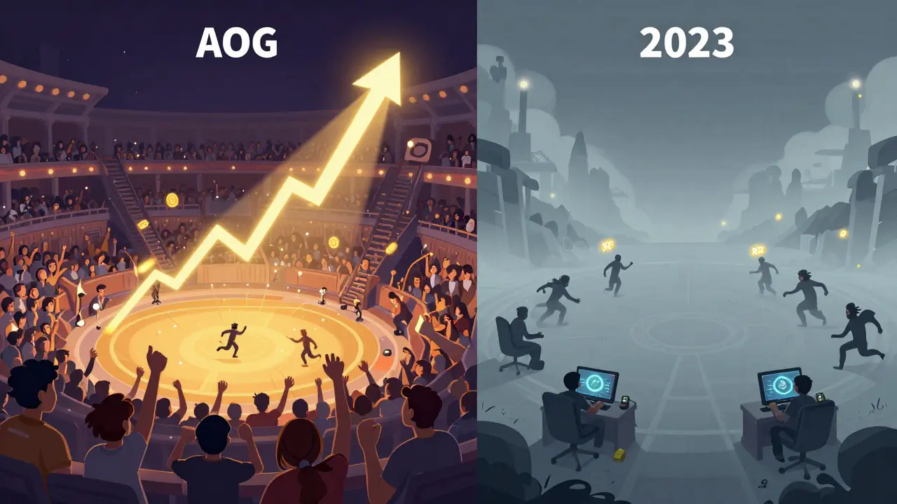 Contrast scene: bustling NFT game peak vs. quiet, persistent play in a misty battlefield at dawn.