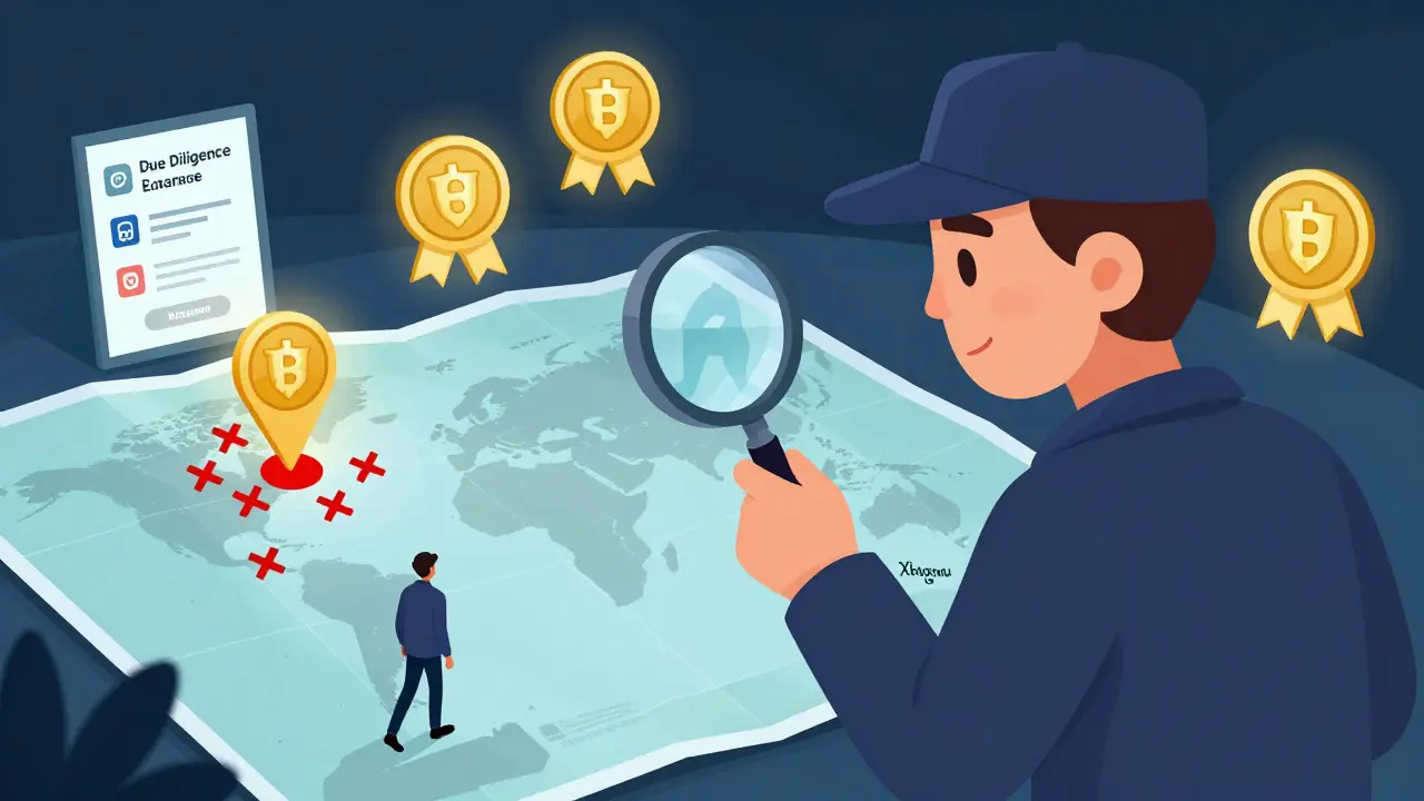Crypto detective identifies Xevenue as a blank spot on a map, surrounded by red flags, while trusted exchanges glow safely.