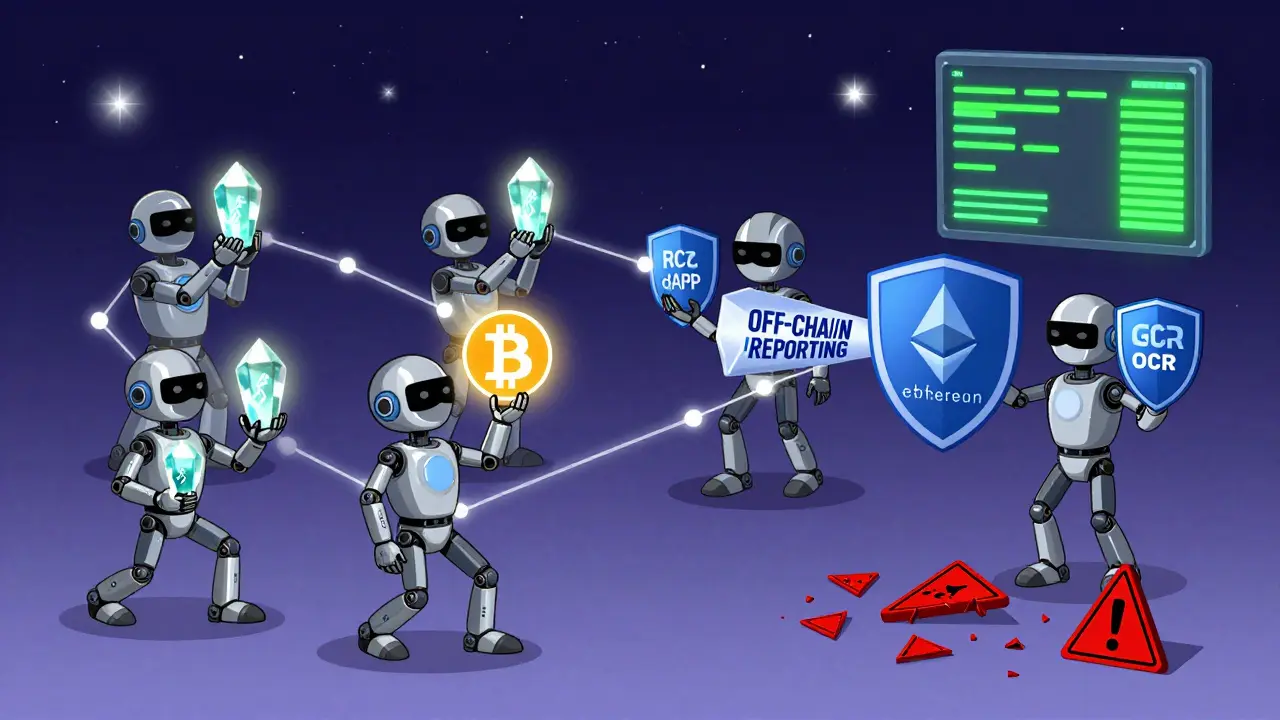 Decentralized oracle nodes relay secure data between Bitcoin and Ethereum with protective shields.