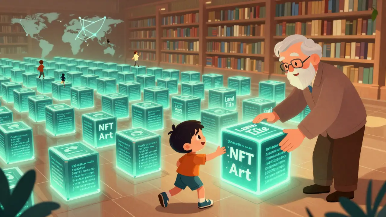 Digital library of blockchain blocks showing NFT art and land titles, with nodes running worldwide.