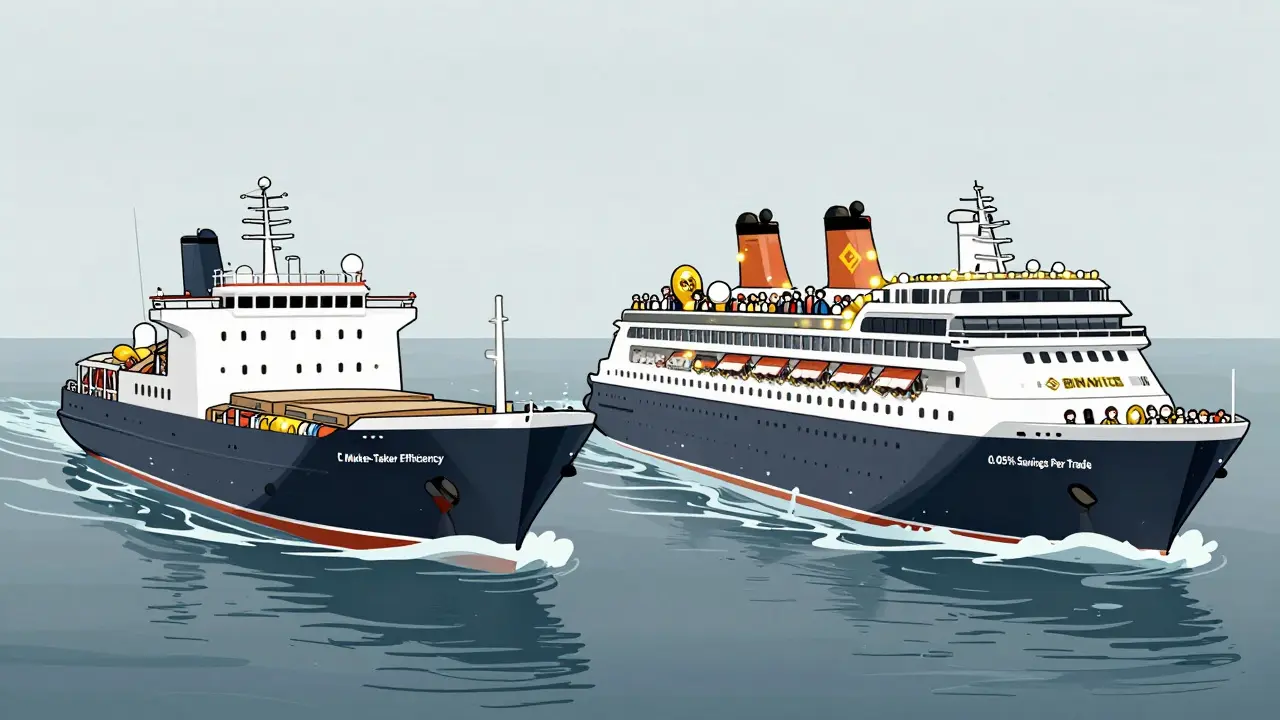 Ethfinex ship sailing smoothly past flashy crypto exchanges, with fee savings highlighted in a stylized sea scene.