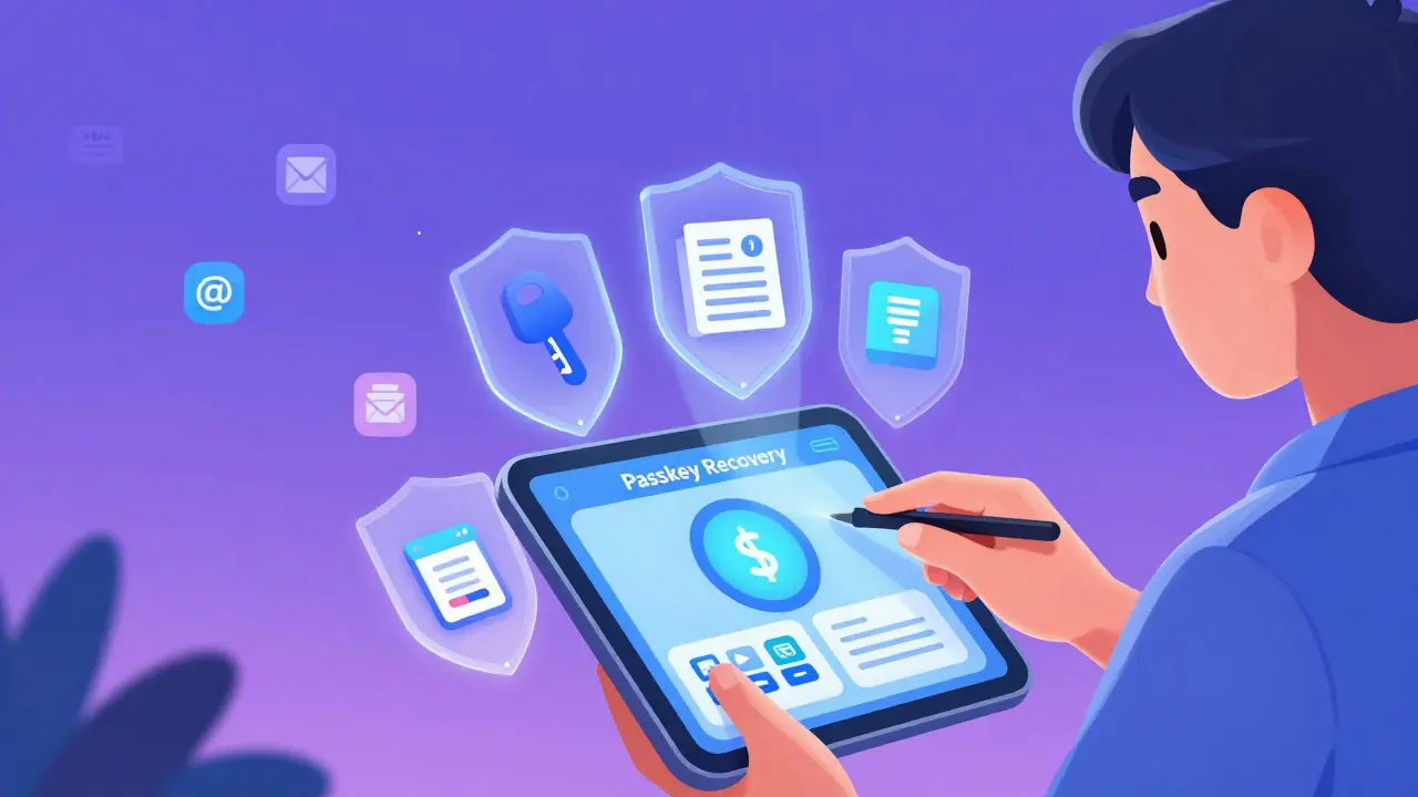 Future passkey recovery using Face ID on a tablet, with fading SMS/email icons as obsolete methods dissolve into dust.