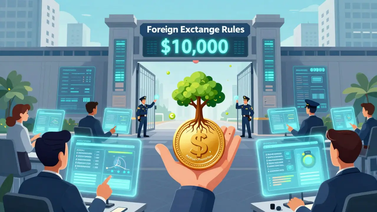 Futuristic hub with holograms showing stablecoin audits, a token turning into a tree of protection, and transaction limits enforced.