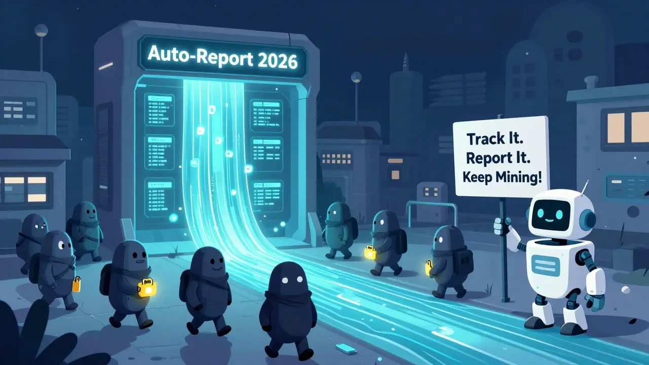 Futuristic tax office in Norway with blockchain data flowing into an auto-report system, miners approaching with digital wallets.