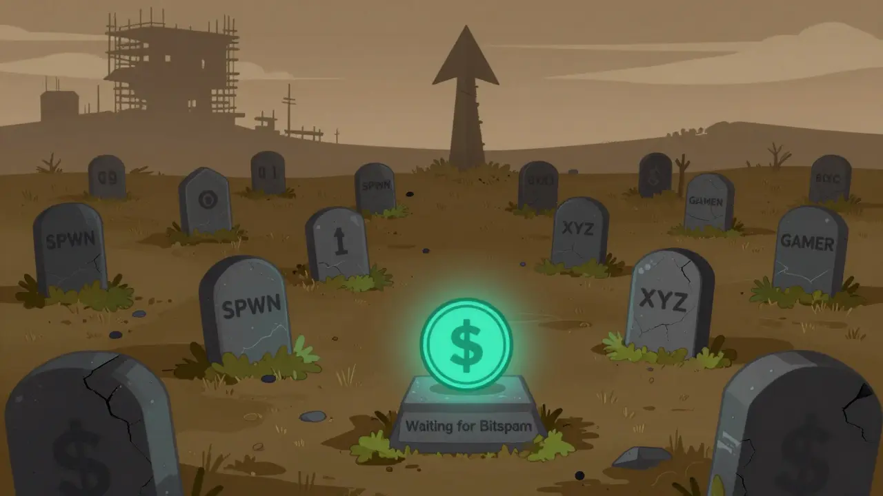 Graveyard of forgotten crypto tokens with one glowing SPWN token waiting for a platform that never came.