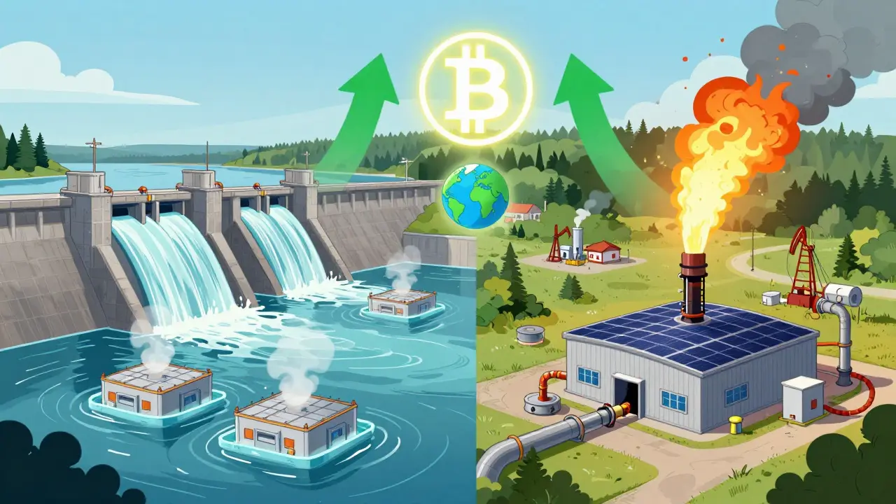 Hydro dam and methane capture system powering Bitcoin mining with clean energy, symbolizing waste-to-value.