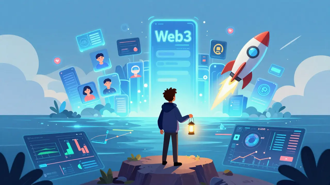 Lone trader holding a BXT token lantern, gazing at a surreal Web3 ecosystem with a launching rocket.