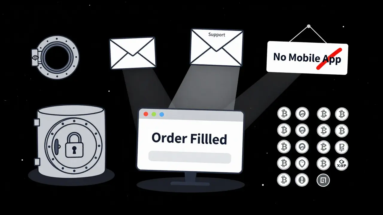 Minimalist trading terminal with supported coins, cold storage, email support, and 'No Mobile App' icon in dark space.
