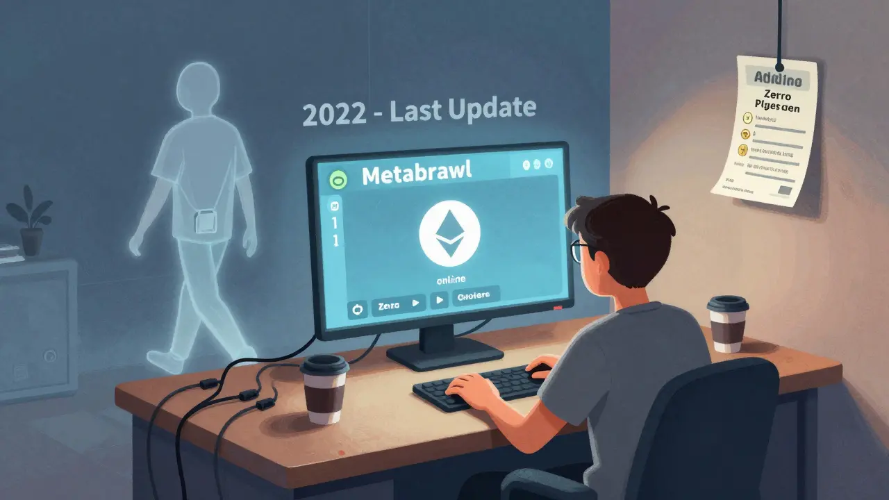 Player staring at a Metabrawl game with zero players as a ghostly developer walks away.