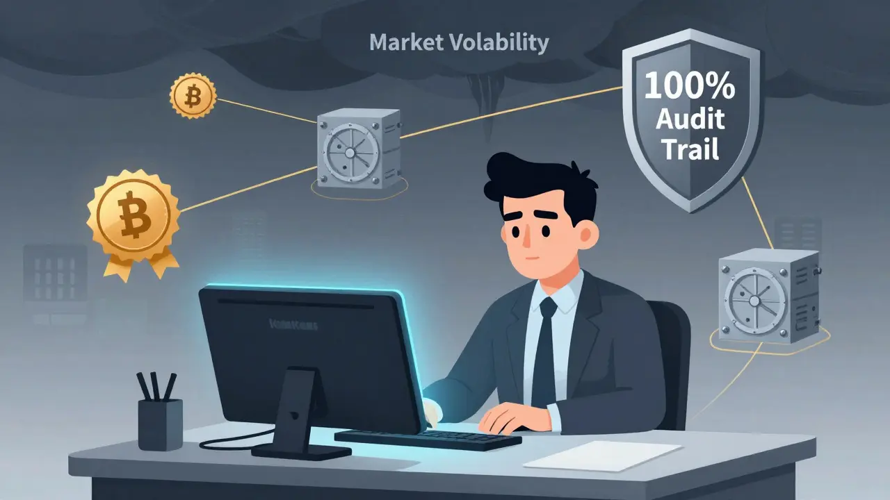 Serious investor with Kraken's dashboard, surrounded by audit seals and security threads against a calm backdrop.