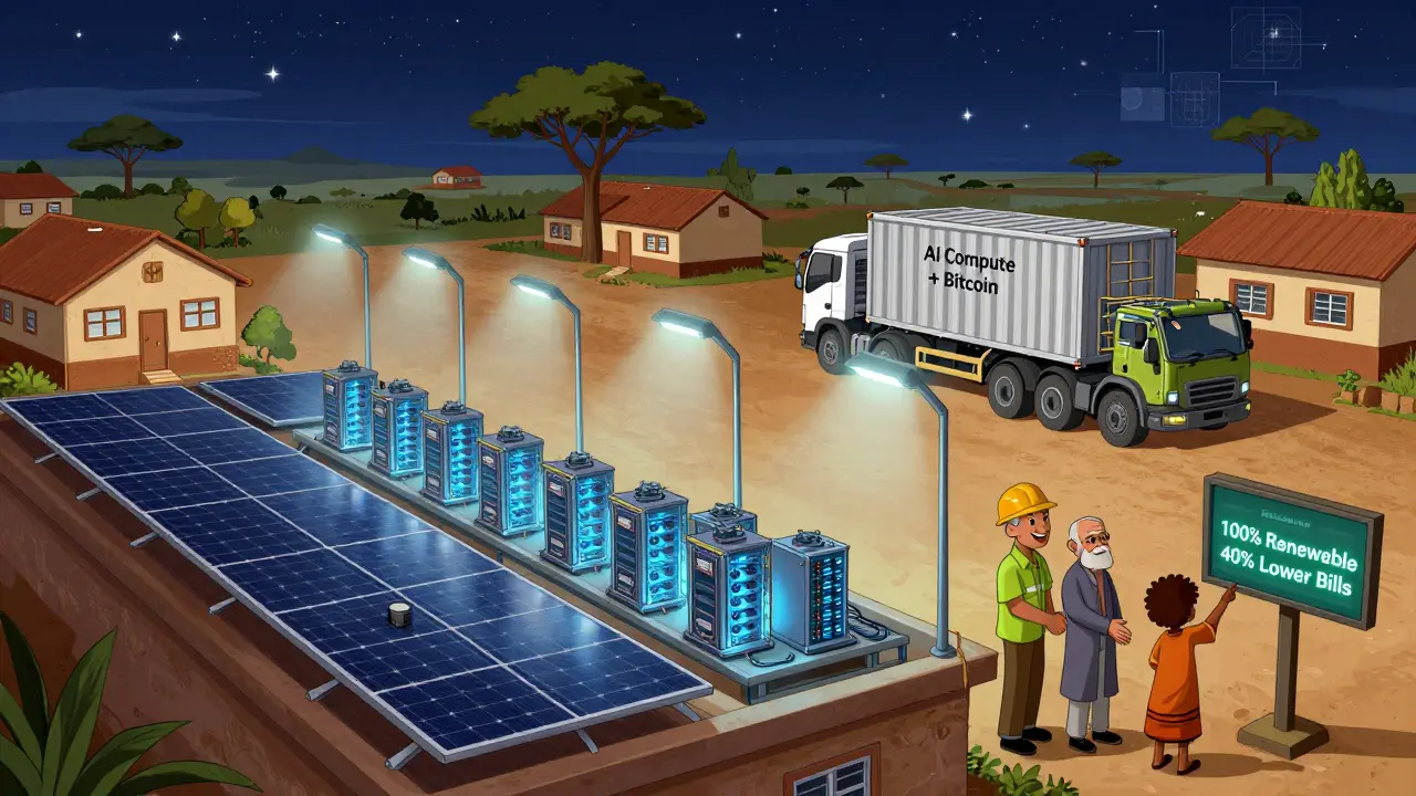 Solar-powered Bitcoin mining microgrid lighting a Kenyan village, with community benefits shown.