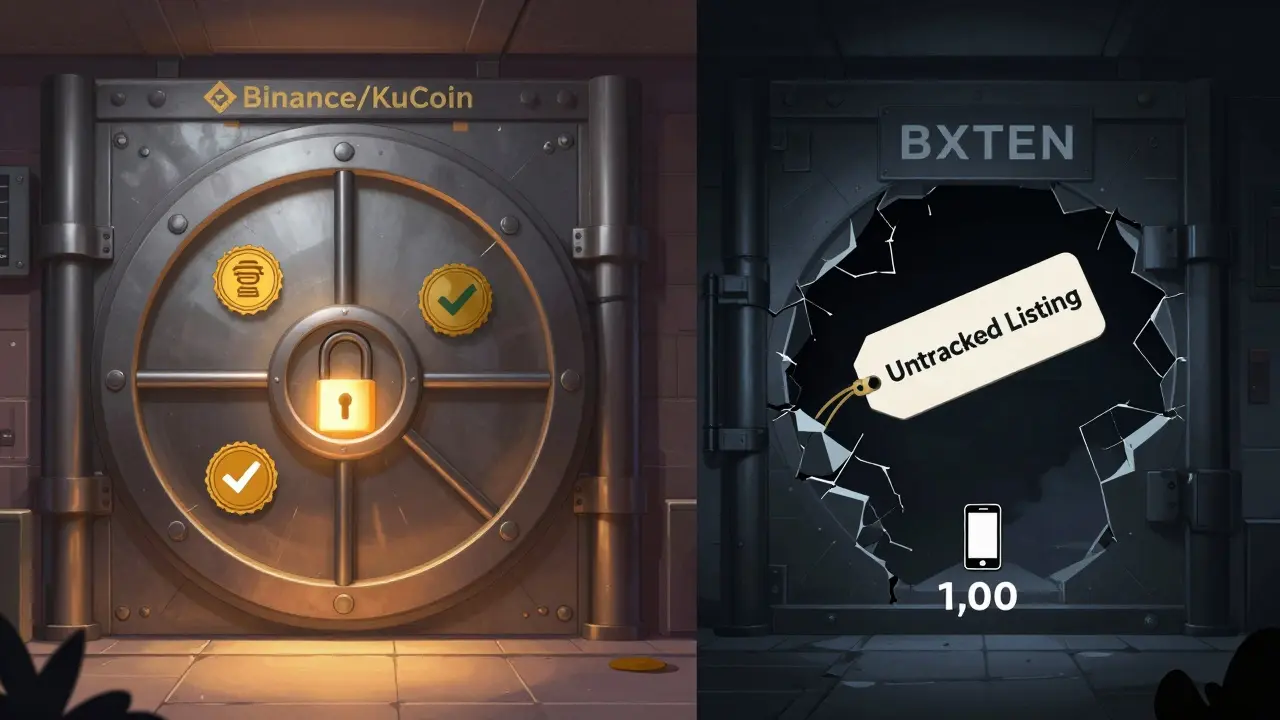 Split illustration comparing secure verified exchange vaults with a cracked, unverified BXTEN vault.