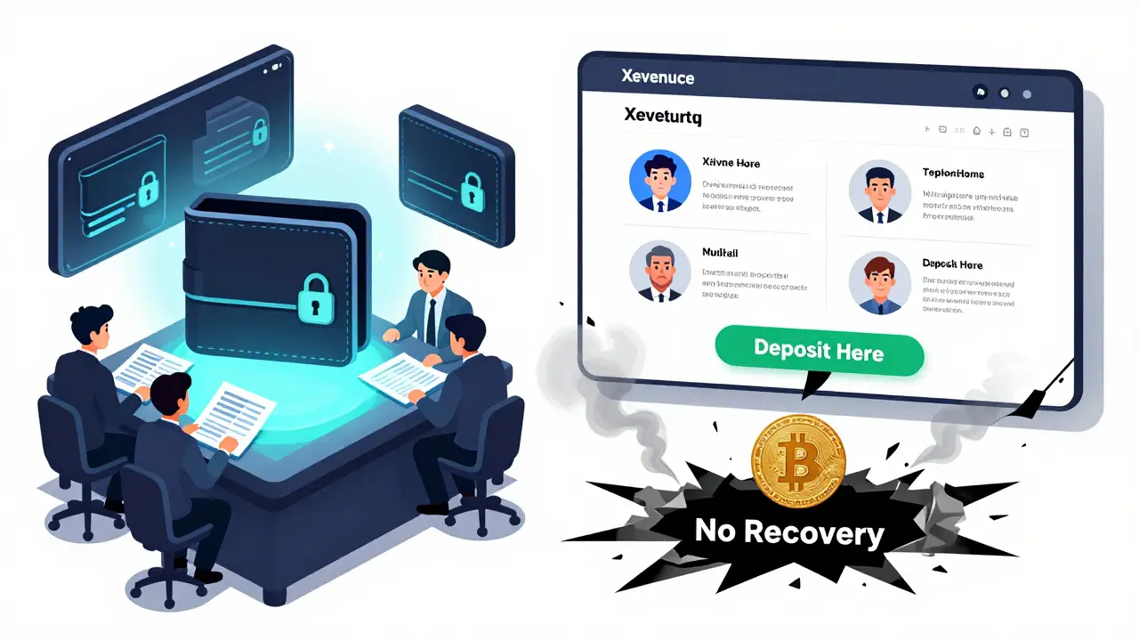 Split scene: legitimate exchange with security features vs. crumbling Xevenue site leading into a black hole.