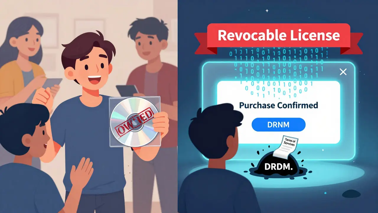 Split scene: physical media shared freely vs. digital items dissolving into code under a revocable license banner.