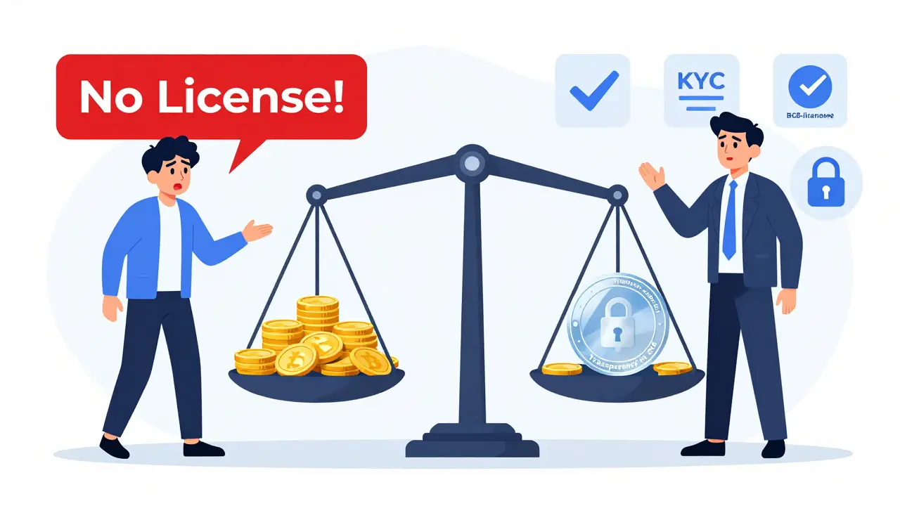 Split scene: risky unlicensed crypto use vs. safe licensed platform with verification icons and a transparency scale.