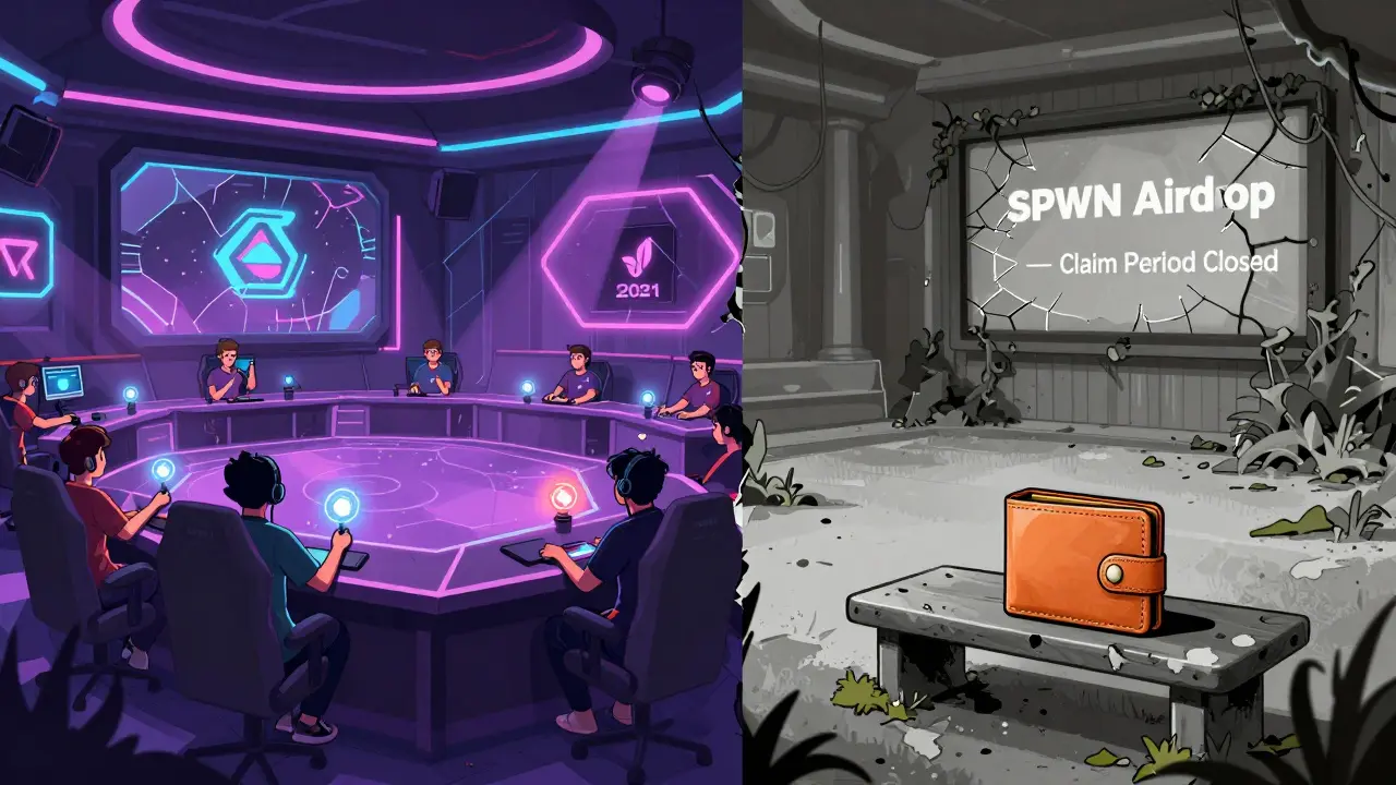Split scene: vibrant esports arena with SPWN rewards vs. the same arena abandoned and overgrown.