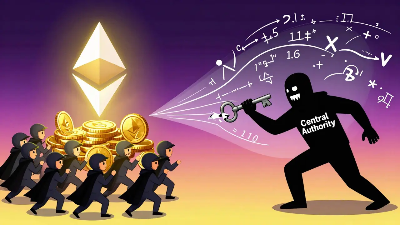 Validators in capes staking ETH against a shadowy central authority being pushed away by math symbols.