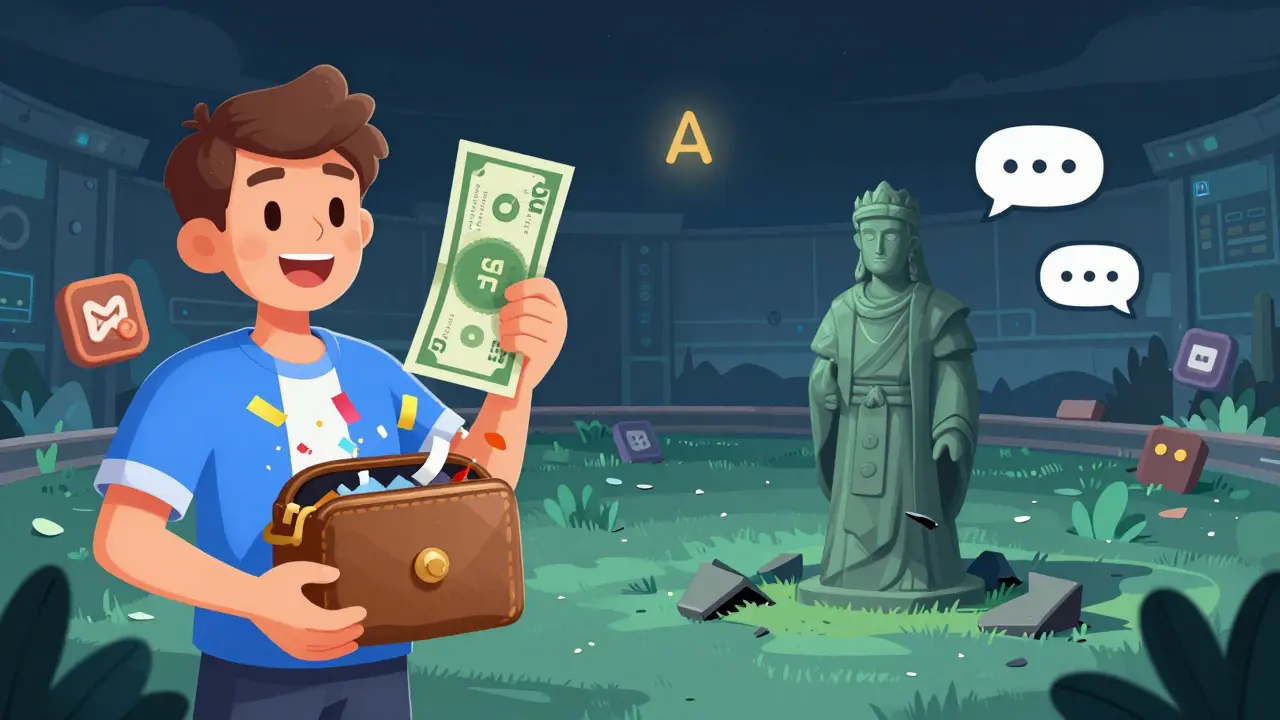 Winner holding  BUSD on one side, faded NFT god statue crumbling in empty digital arena on the other.