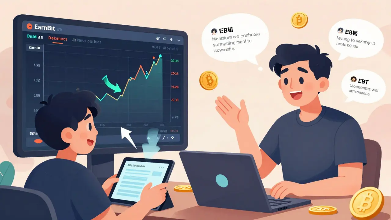 A beginner learning crypto trading by watching a live EarnBit stream with visual buy/sell signals.