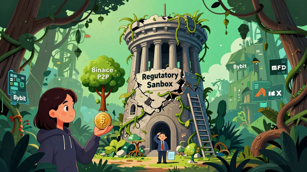 A broken regulatory sandbox tower overtaken by crypto platforms, with a woman growing a tree from digital currency.