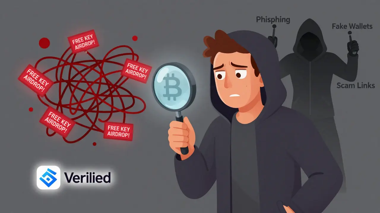 A confused explorer surrounded by scam ads, with a verified crypto site glowing safely in the distance.