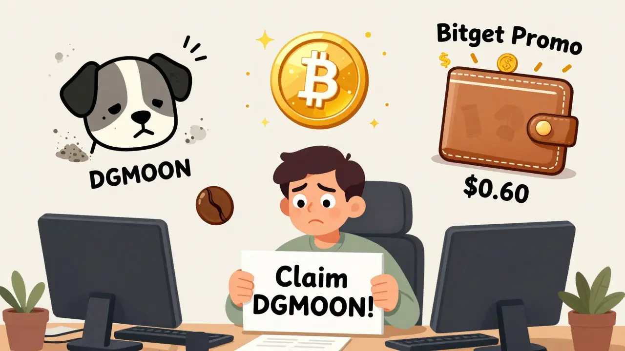 A confused person holds a 'Claim DGMOON' sign as three dog tokens float above, with gas fees and empty wallet.