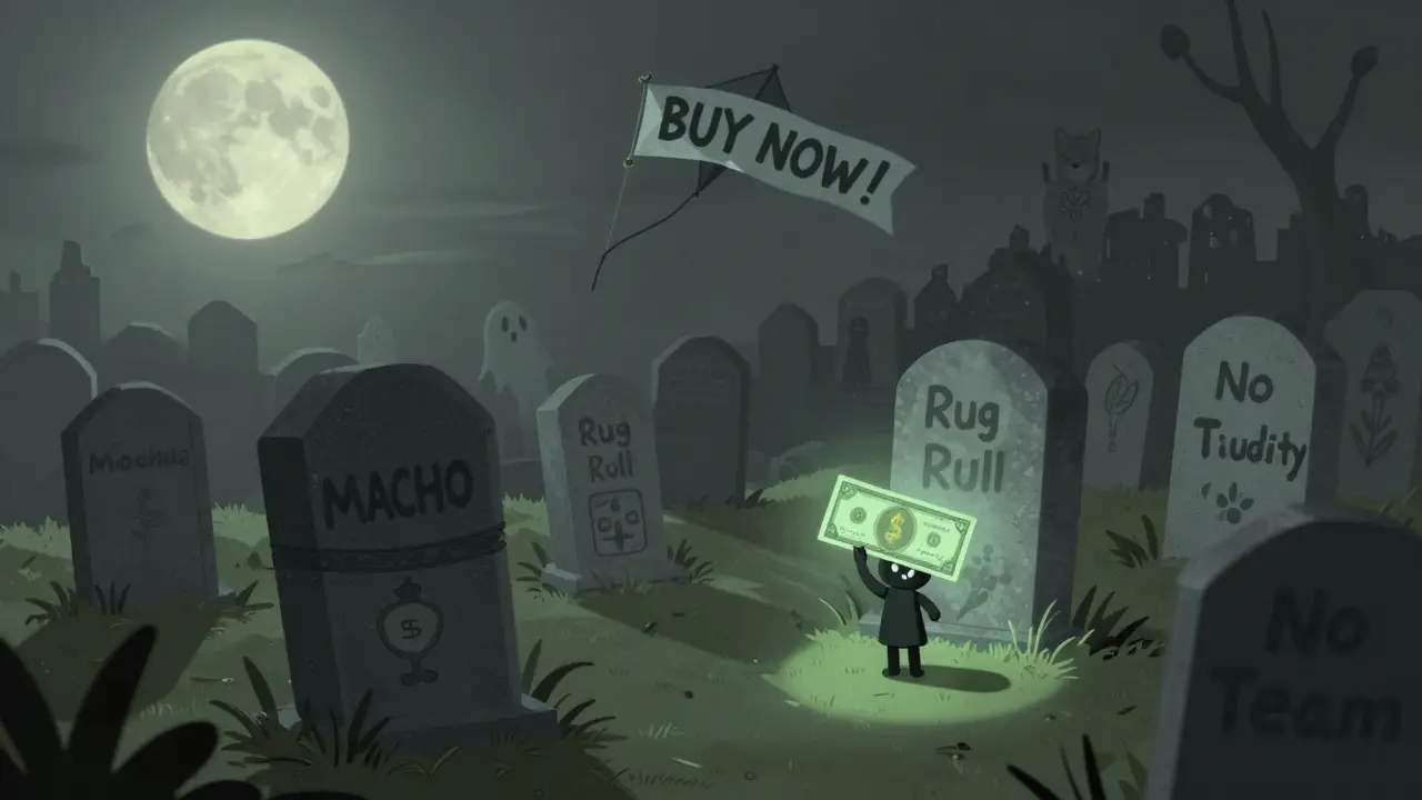 A crypto graveyard with tombstones for MACHO and rug pulls, a tiny figure holding  under a haunting bot banner.