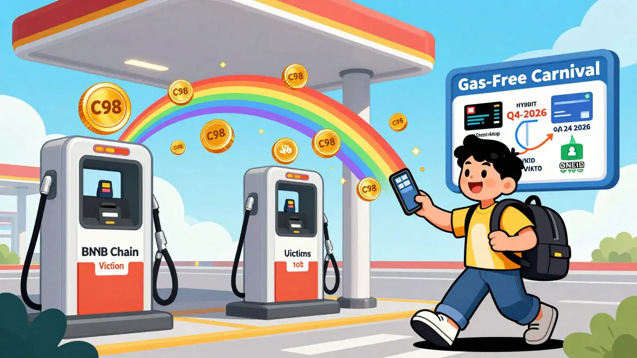 A futuristic gas station dispensing crypto tokens instead of fuel, with a user collecting airdrop rewards.