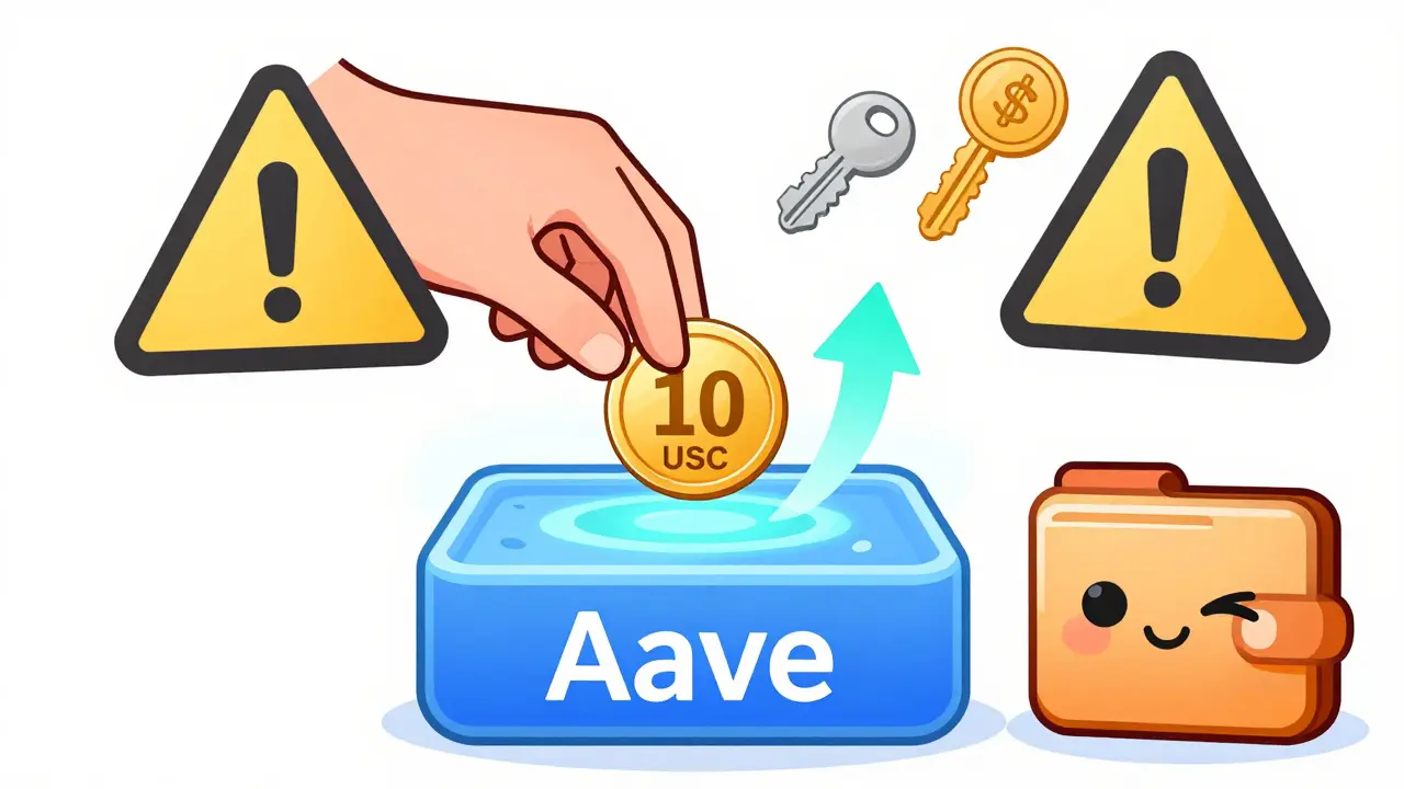 A hand depositing  USDC into a glowing Aave lending pool with interest arrows and safety warnings nearby.