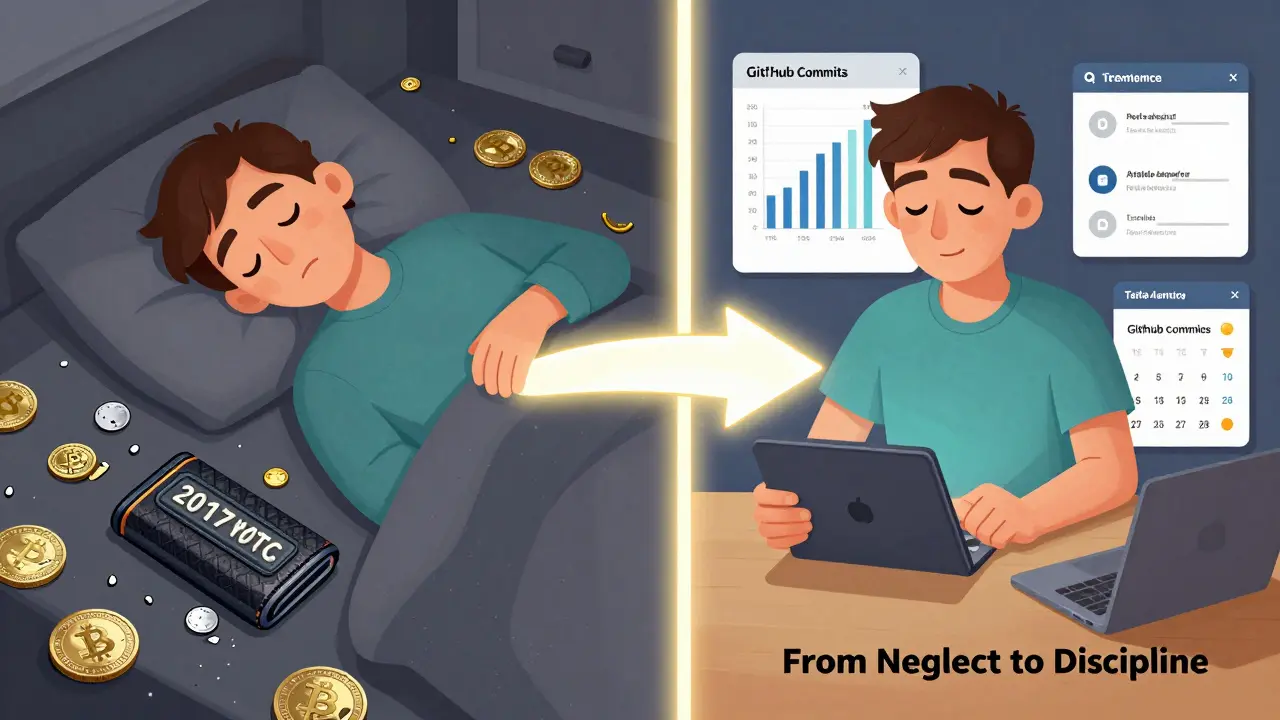 A person transformed from neglectful HODLer to informed investor, checking crypto activity and tax tools.